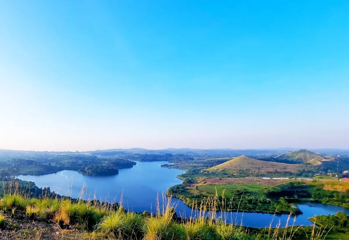 Blue crater lake Nyabikere seen from a hilltop in Kabarole district