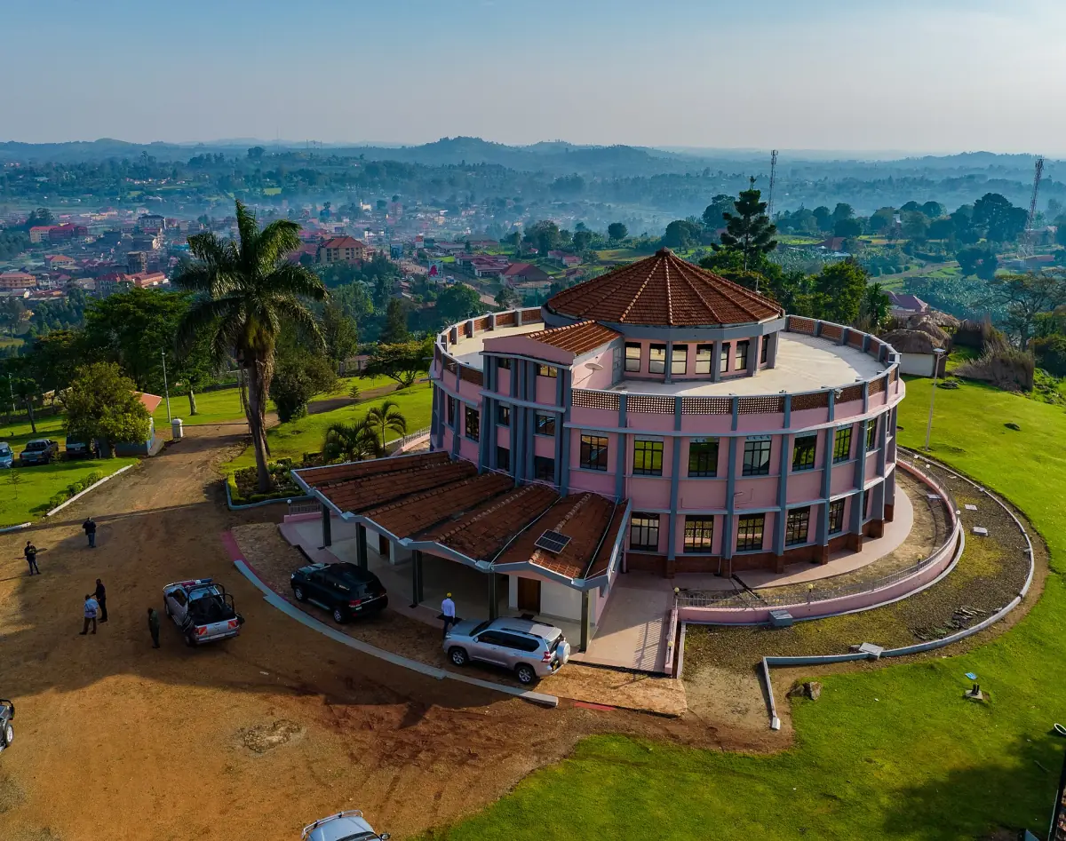 Aerial view of the round Tooro Palace on Karuzika Hill above Fort Portal